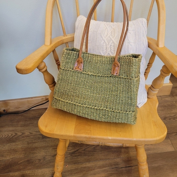 Boho Green Woven Fiber Shoulder Bag Tote Womens - Picture 8 of 12
